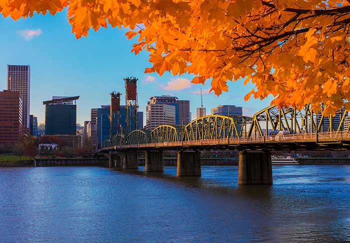 Portland skyline overlooking the bridge and river